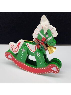 Wooden Christmas Rocking Ornament  Horse With Plaid Bow & Bell 5 Tall